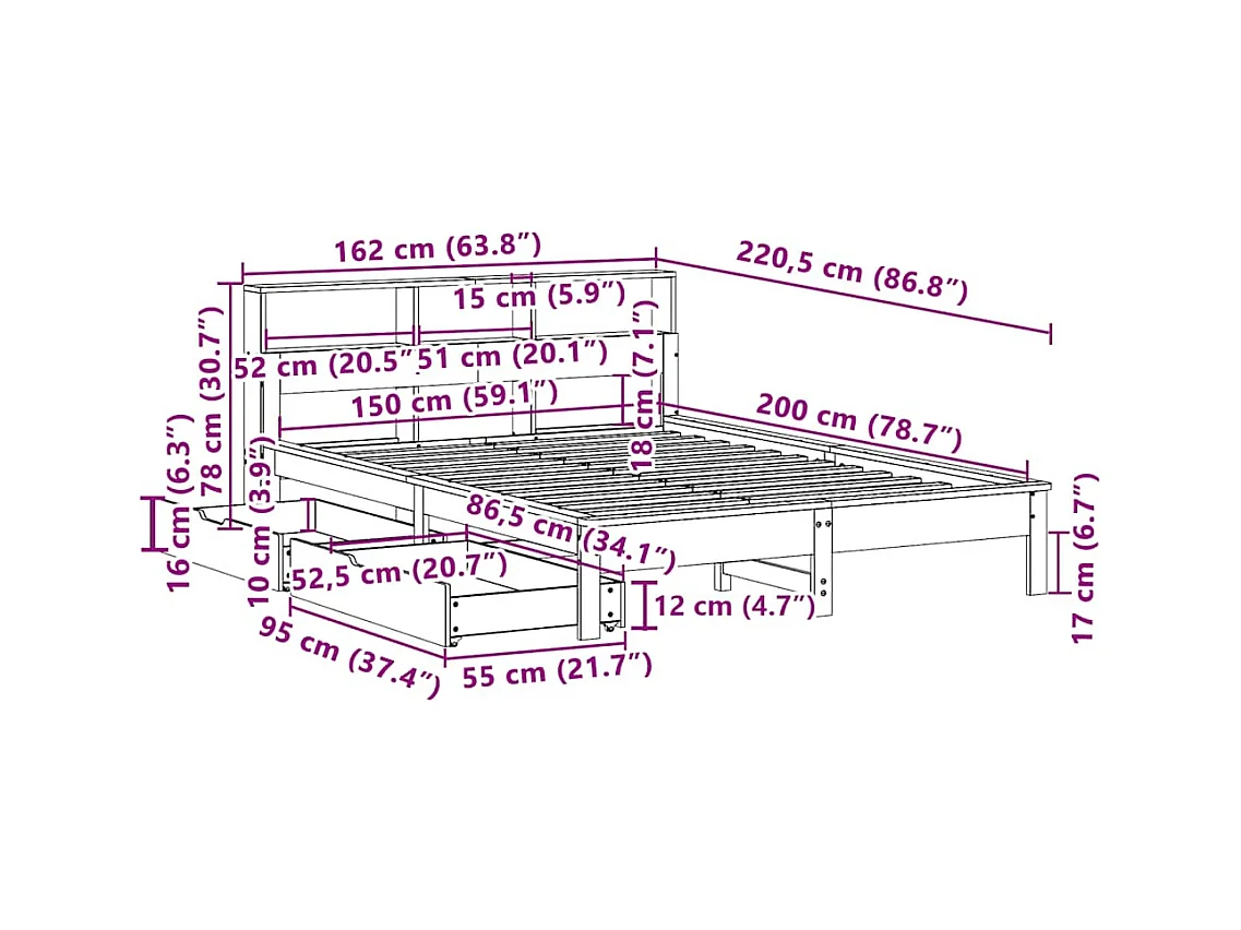 Massivholzbett mit Regal ohne Matratze Weiß 150x200 cm Kiefer
