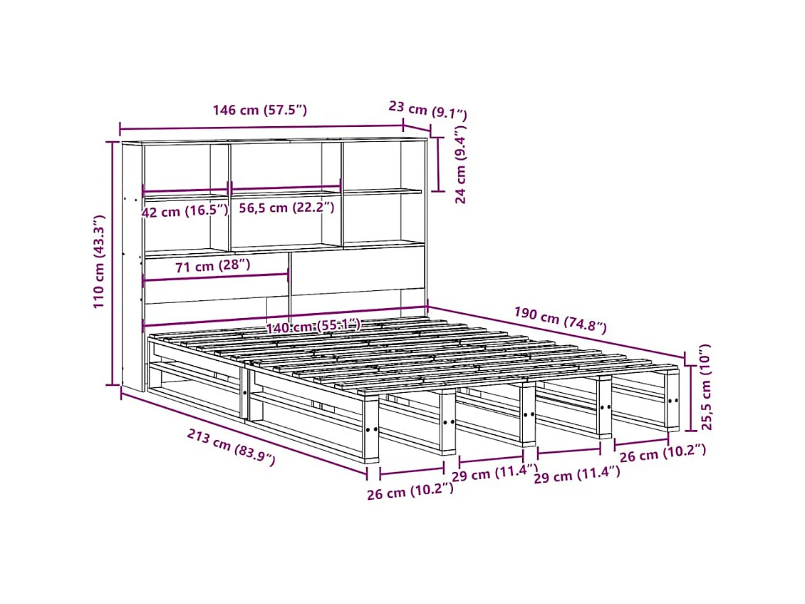 Lit bibliothèque sans matelas 140x190 cm bois massif