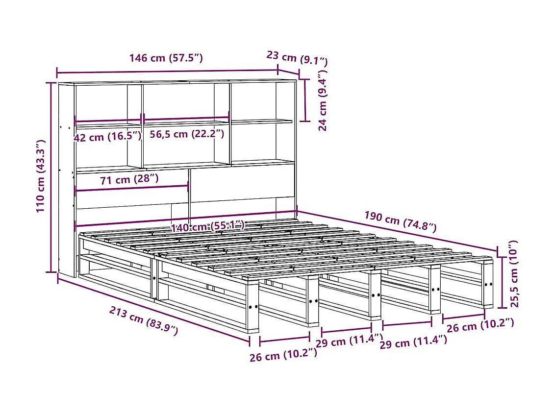 Cama con estantería sin colchón madera maciza 140x190 cm