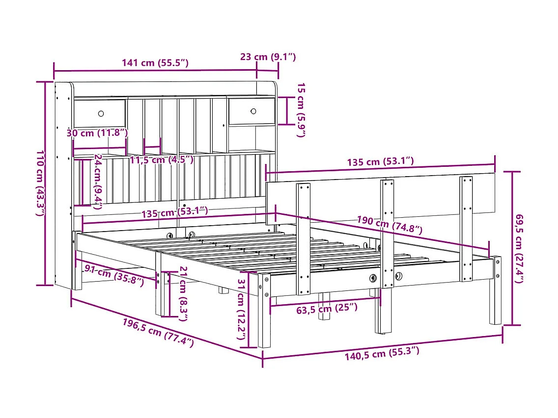 Massivholzbett mit Regal ohne Matratze 135x190 cm Kiefernholz