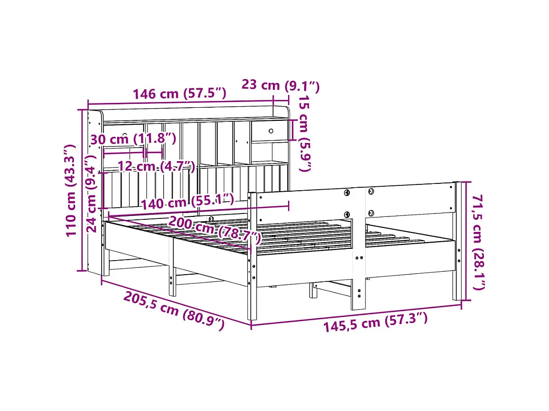 Lit bibliothèque sans matelas blanc 140x200 cm bois pin massif