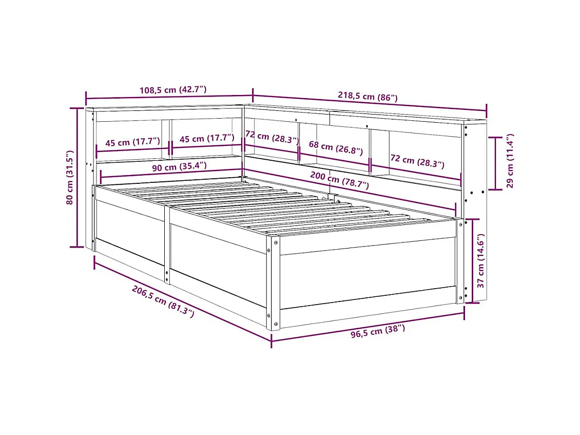 Cama con estantería sin colchón madera maciza blanco 90x200 cm