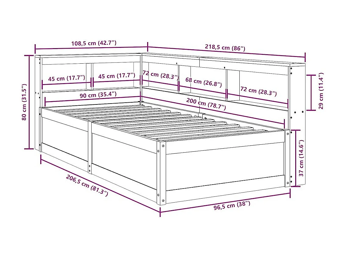 Bed met boekenkast zonder matras grenenhout wit 90x200 cm