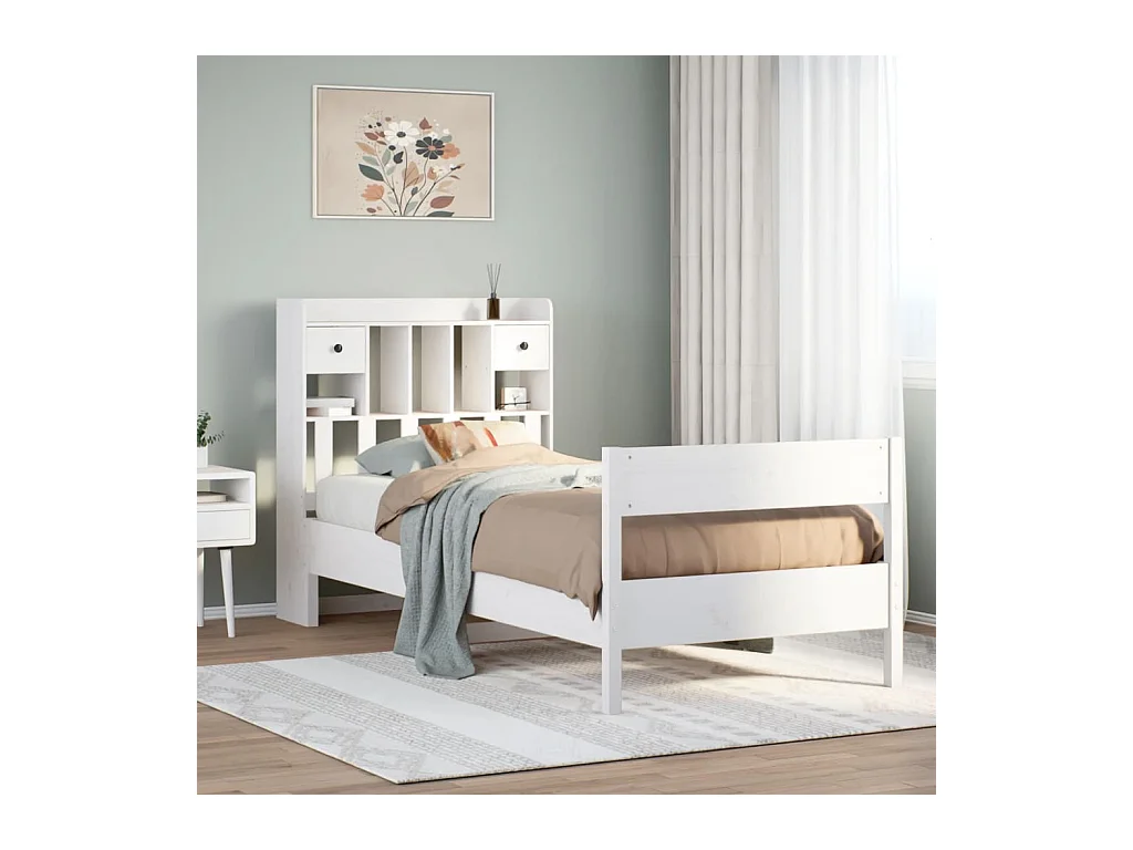 Lit bibliothèque sans matelas blanc 90x200cm bois de pin massif