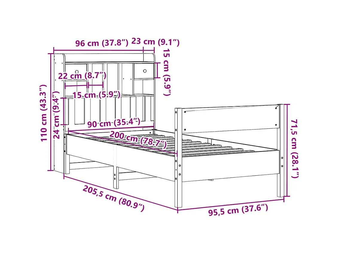 Lit bibliothèque sans matelas blanc 90x200cm bois de pin massif