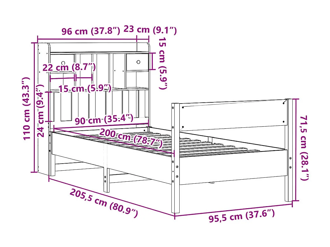 Cama con estantería sin colchón madera maciza blanco 90x200 cm