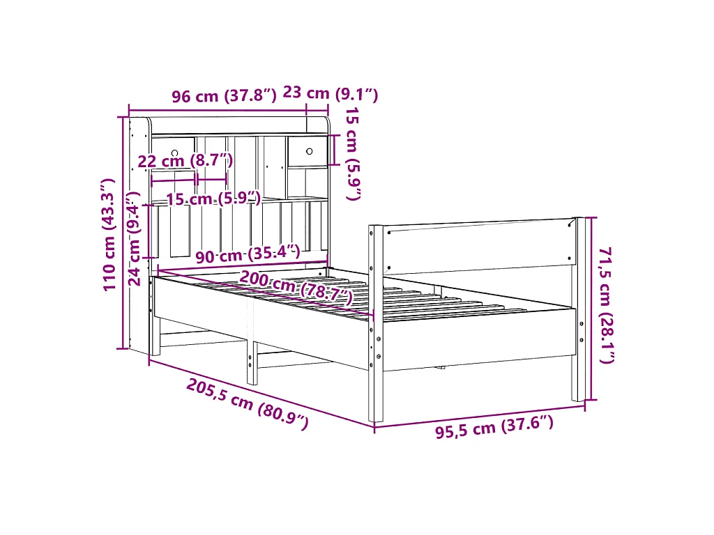 Lit bibliothèque sans matelas blanc 90x200cm bois de pin massif