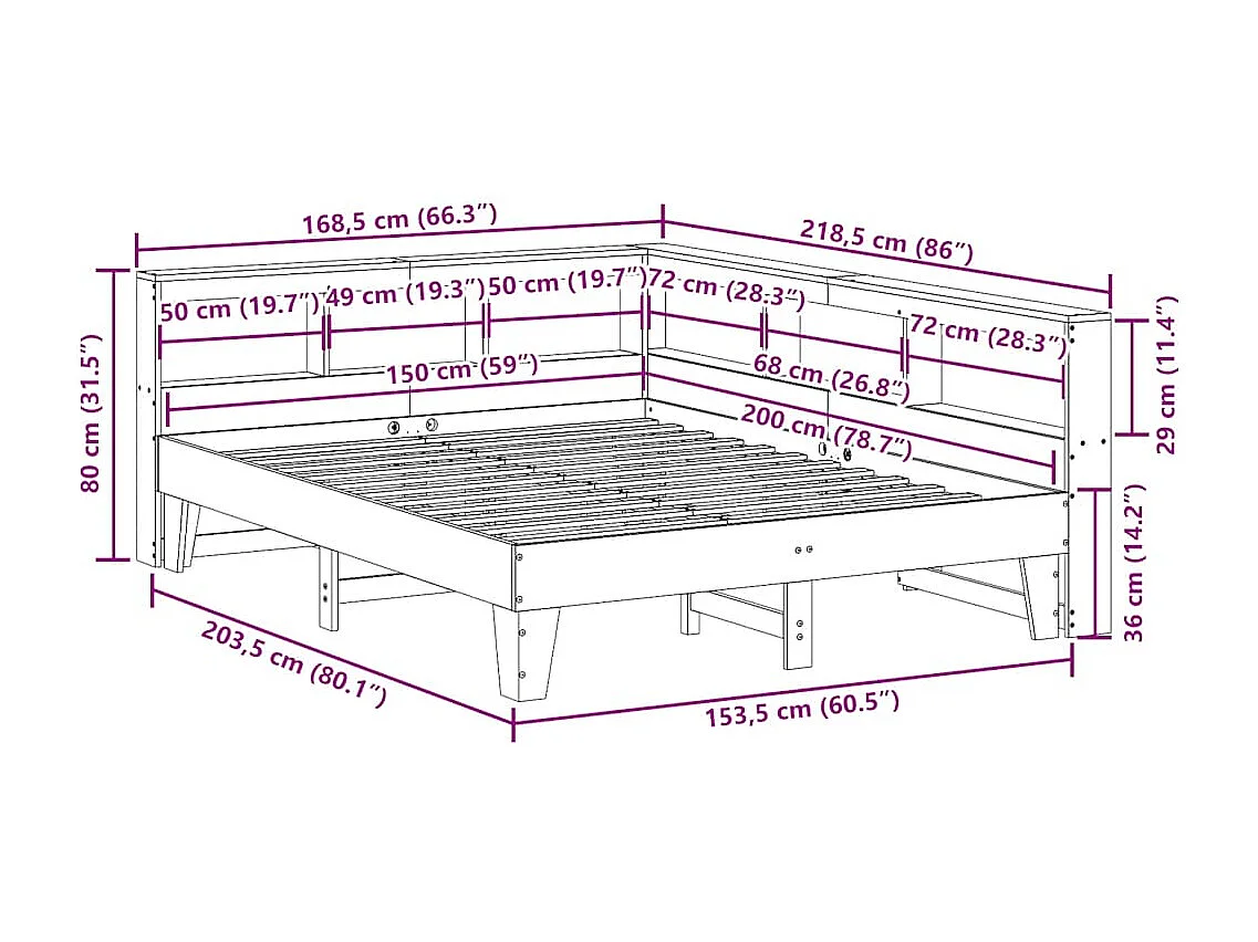 Lit bibliothèque sans matelas blanc 150x200 cm bois pin massif