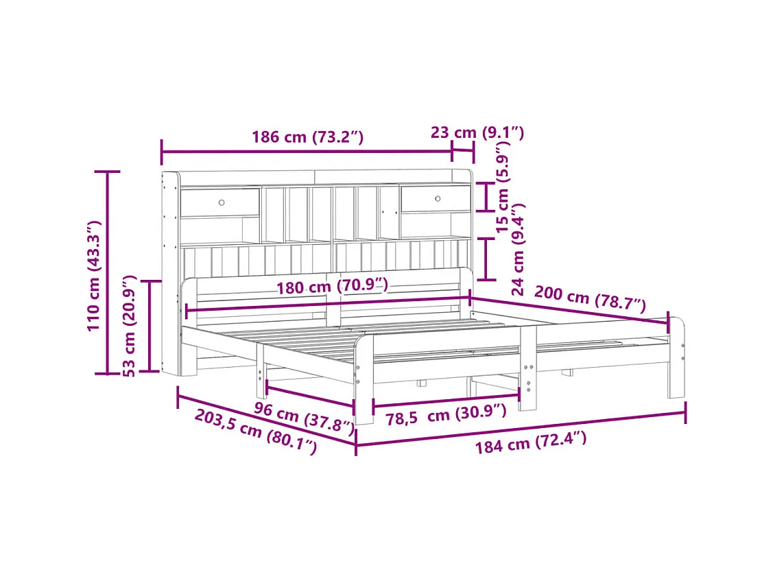 Giroletto con Libreria senza Materasso 180x200 cm in Legno Pino