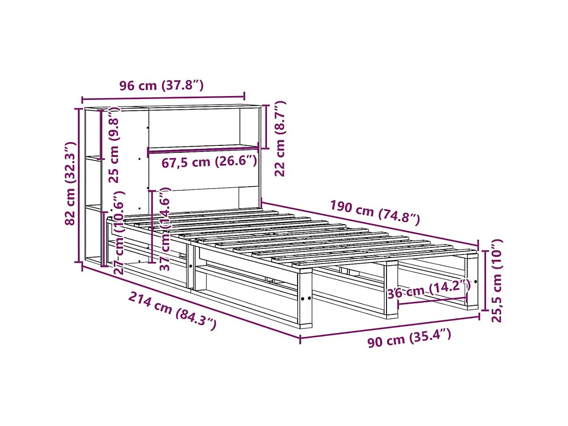 Lit bibliothèque sans matelas 90x190 cm bois massif