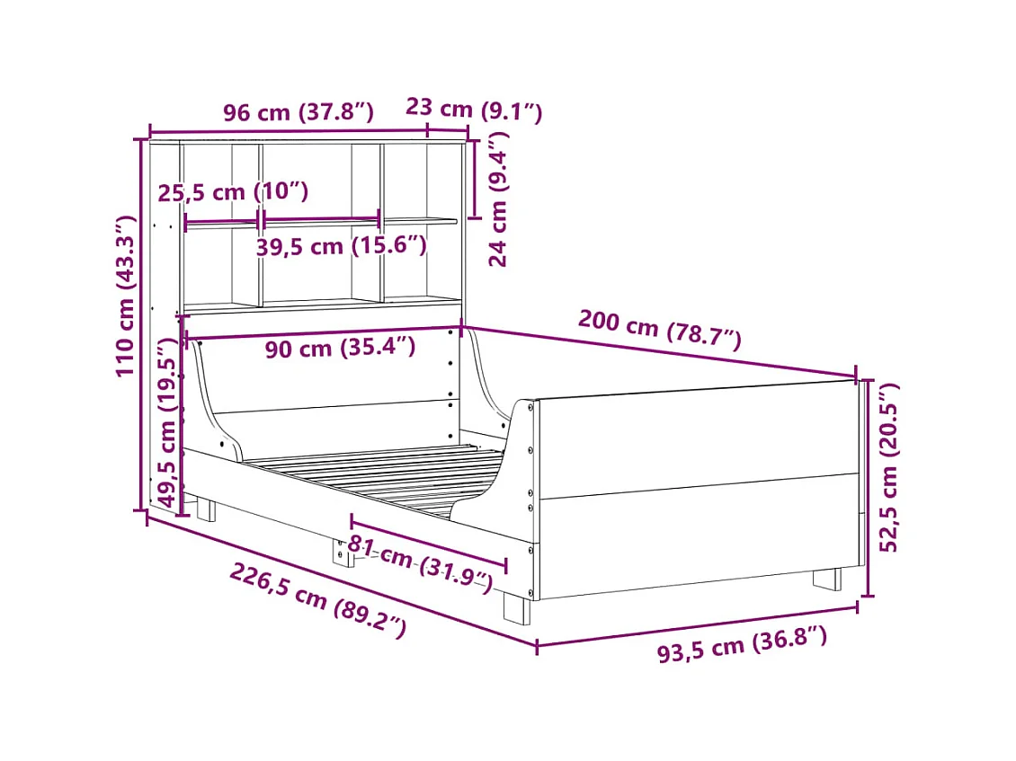 Lit bibliothèque sans matelas 90x200 cm bois massif