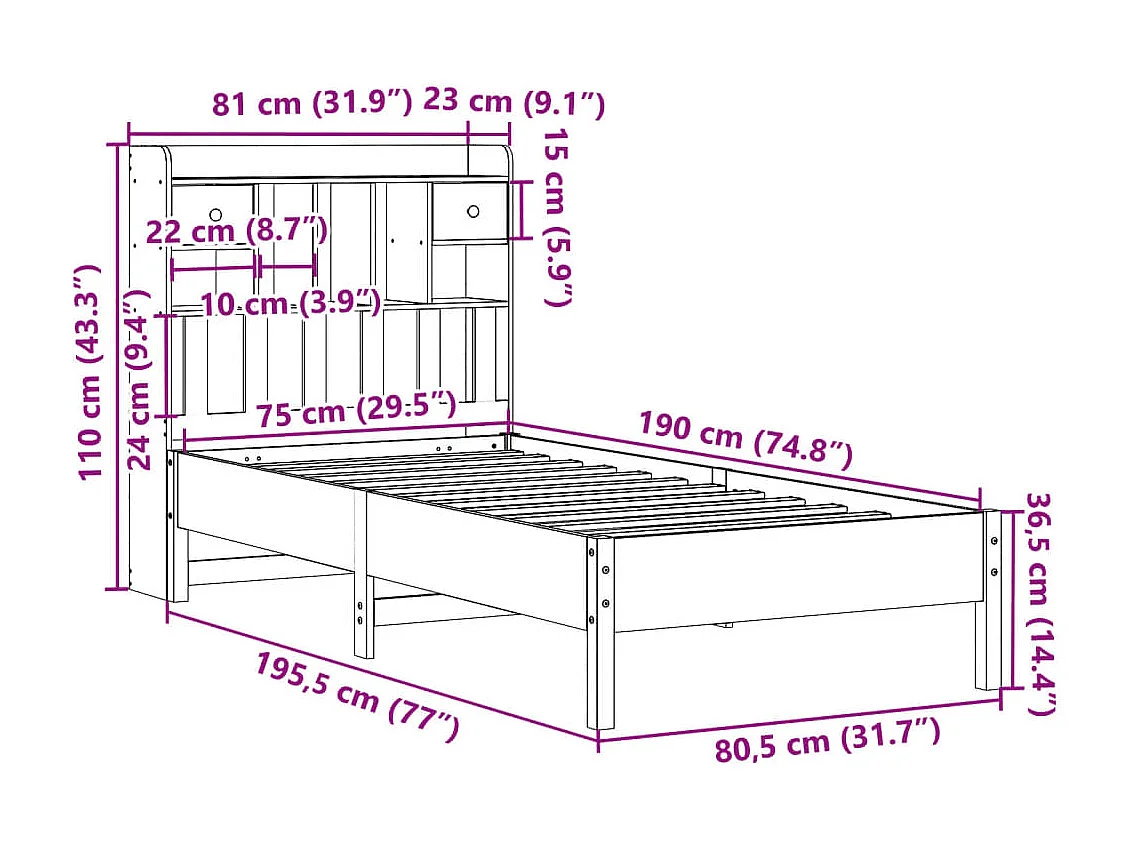 Bücherregalbett ohne Matratze 75x190 cm Massivholz Kiefer