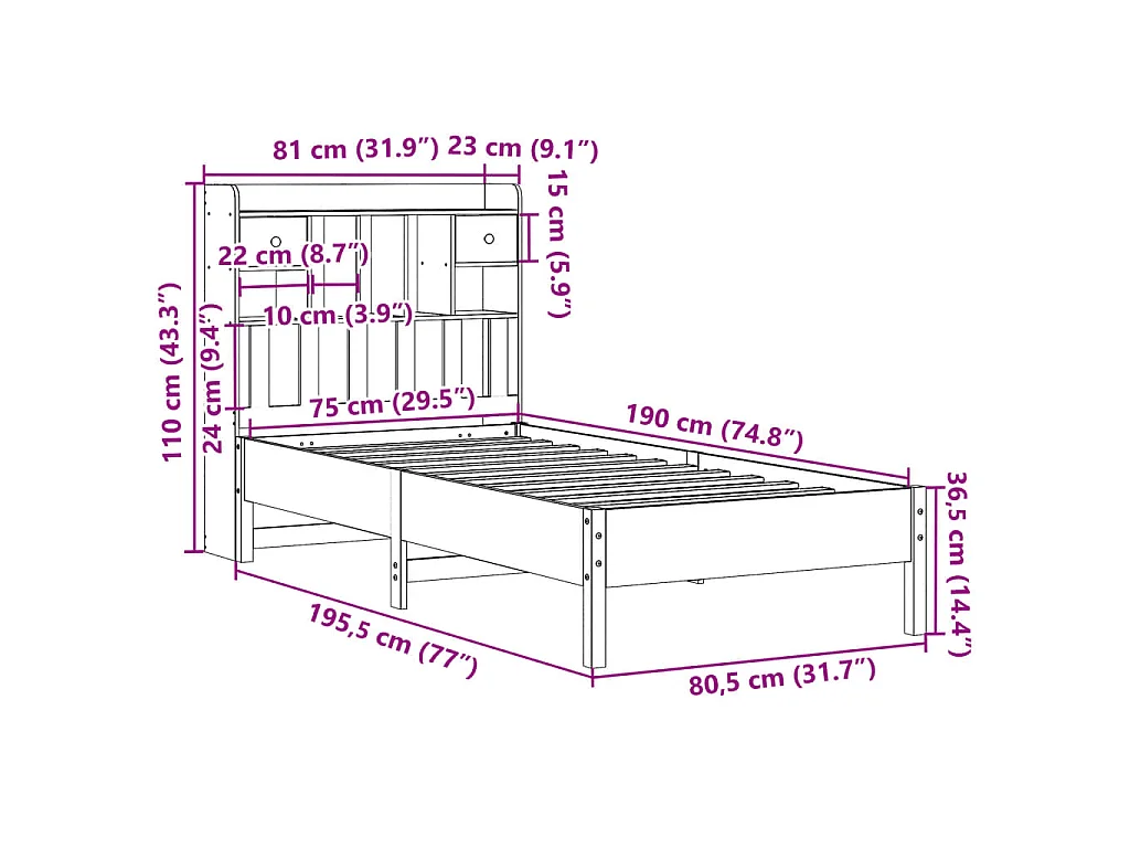 Giroletto con Libreria senza Materasso 75x190 cm in Legno Pino