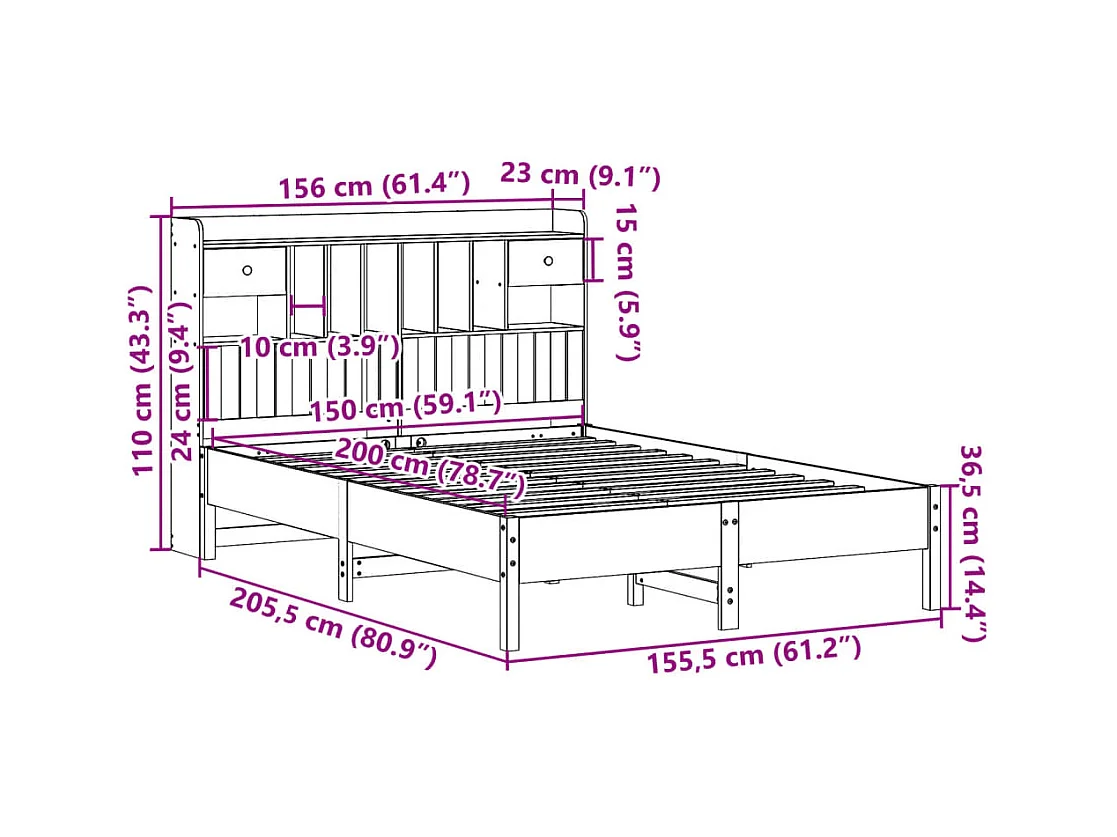Lit bibliothèque sans matelas cire marron 150x200 cm pin massif