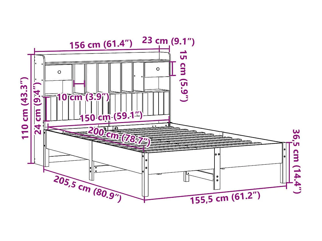 Lit bibliothèque sans matelas cire marron 150x200 cm pin massif