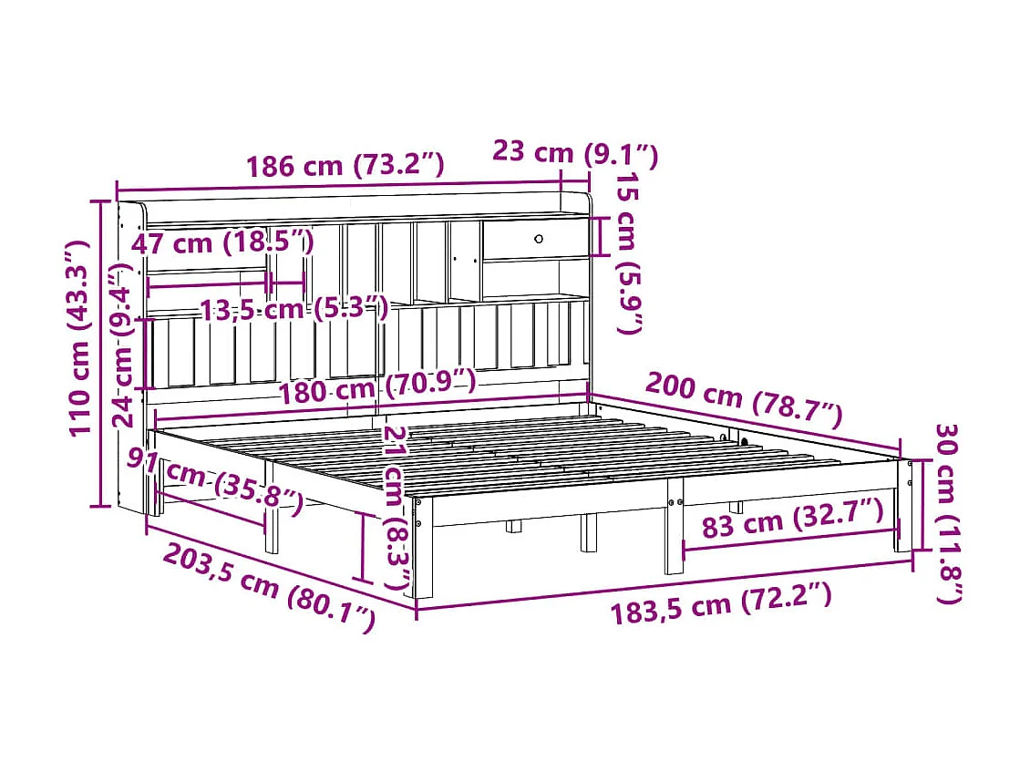 Lit bibliothèque sans matelas blanc 180x200 cm bois pin massif