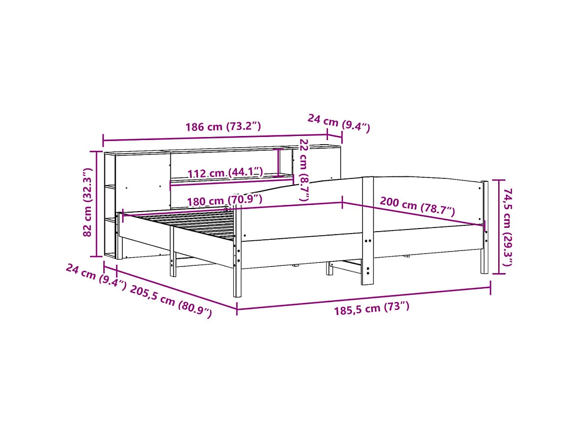 Lit bibliothèque sans matelas 180x200 cm bois massif de pin