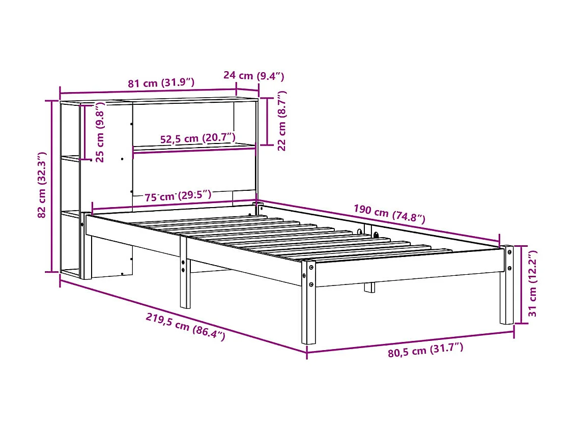 Lit bibliothèque sans matelas blanc 75x190cm bois de pin massif