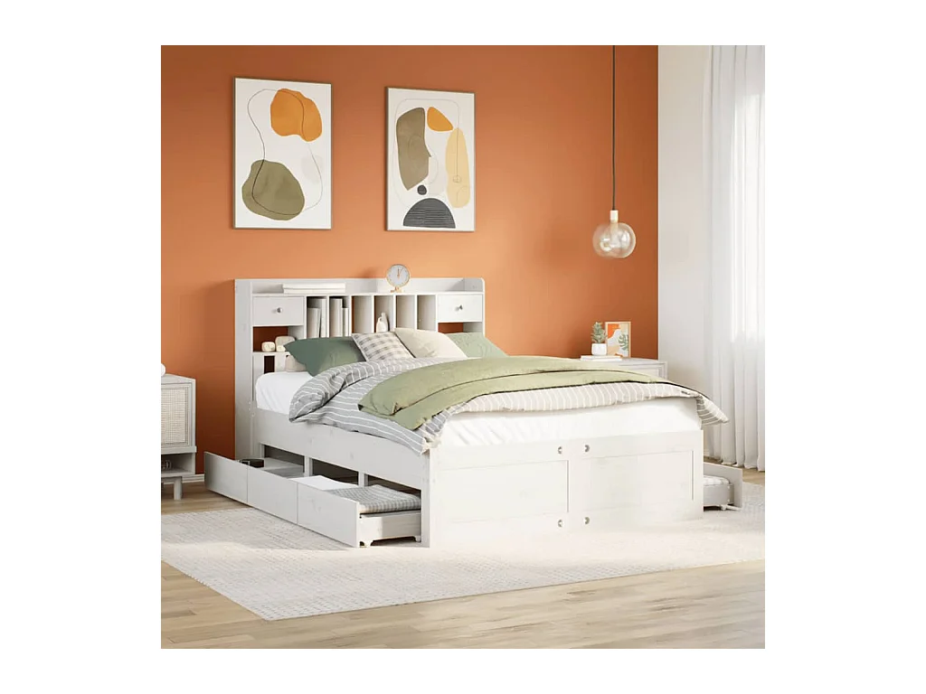 Cama con estantería sin colchón madera maciza blanca 150x200 cm