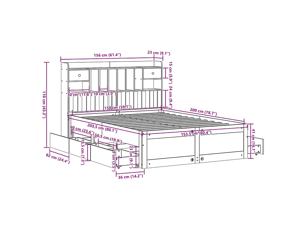 Letto Libreria senza Materasso Bianco 150x200 cm Legno di Pino