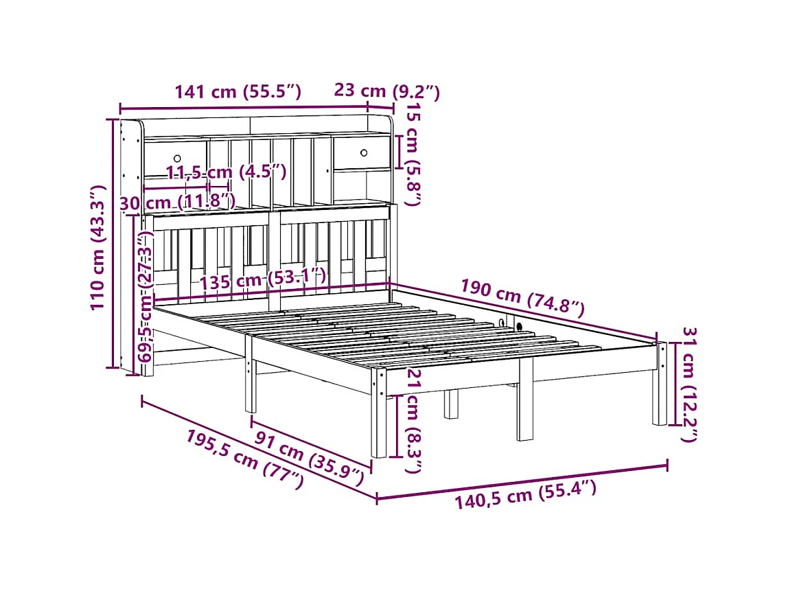 Lit bibliothèque sans matelas 135x190 cm bois de pin massif
