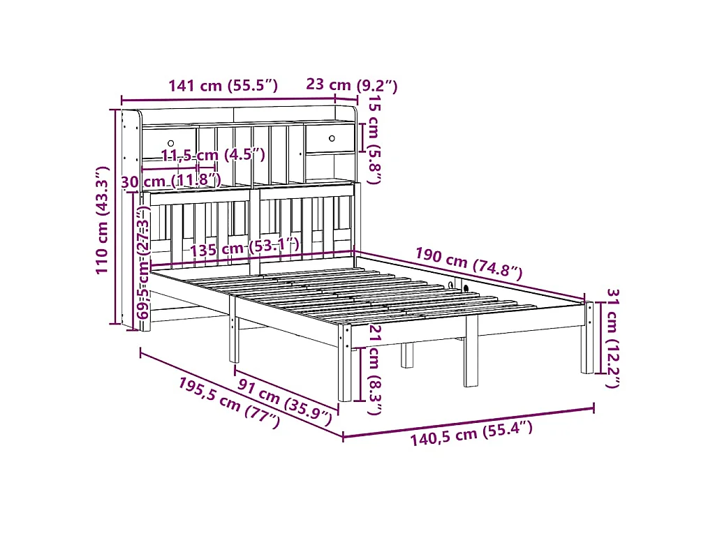 Cama com estante sem colchão 135x190 cm pinho maciço