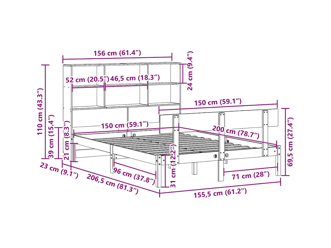 Letto Libreria senza Materasso 150x200 cm in Legno di Pino