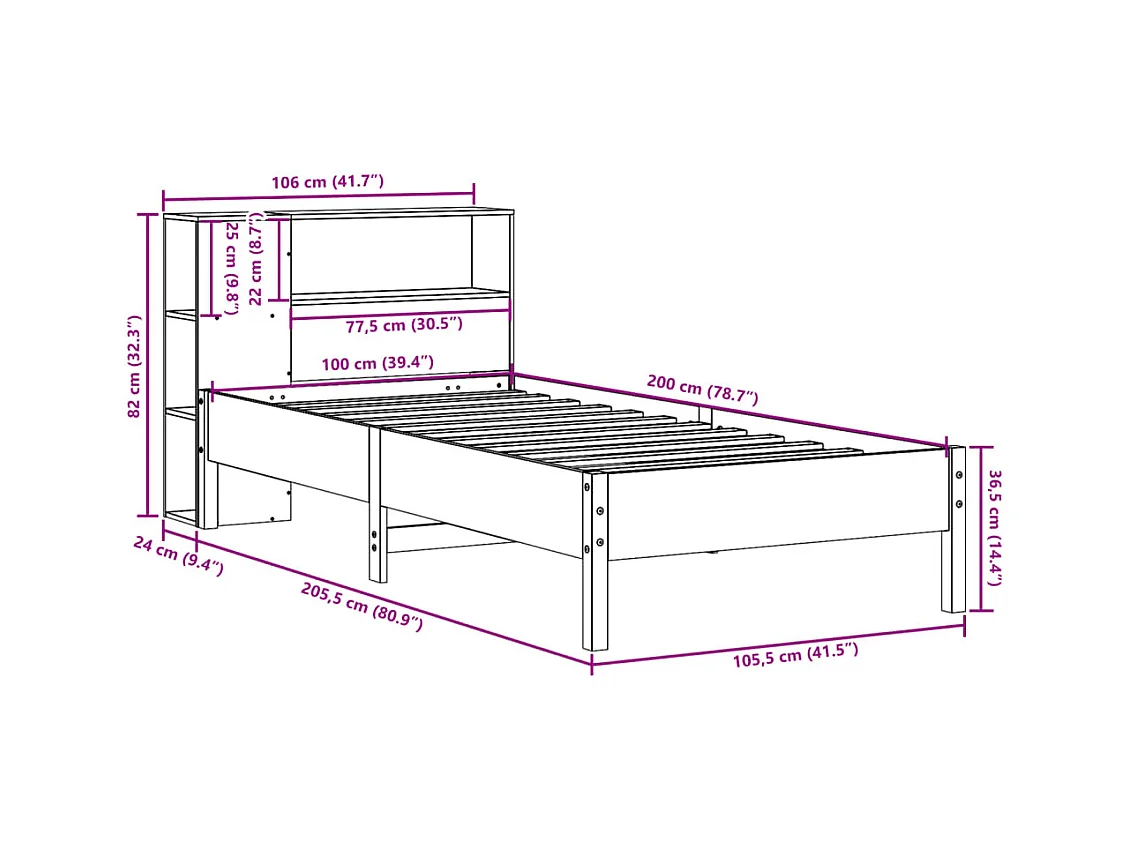 Lit bibliothèque sans matelas 100x200 cm bois massif de pin