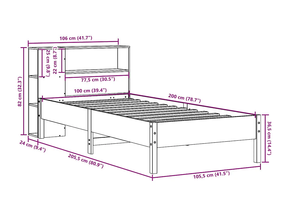 Bed met boekenkast zonder matras massief grenenhout 100x200 cm