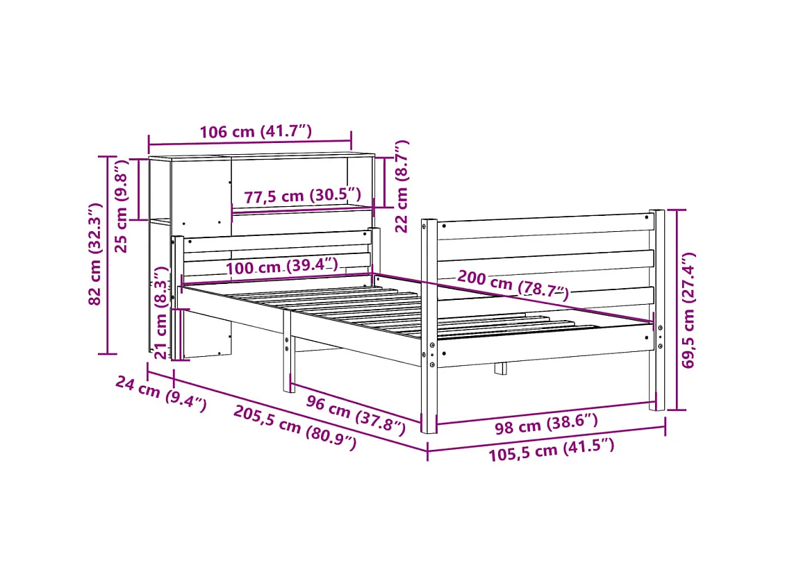 Lit bibliothèque sans matelas blanc 100x200 cm bois pin massif
