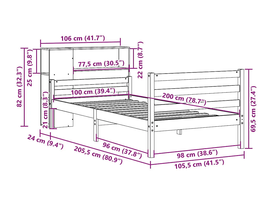 Letto Libreria senza Materasso Bianco 100x200 cm Legno di Pino