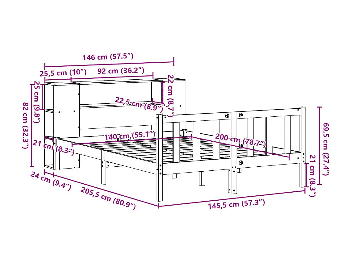 Bed met boekenkast zonder matras grenenhout wit 140x200 cm