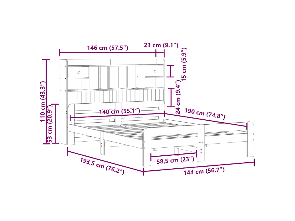 Massivholzbett mit Regal ohne Matratze Weiß 140x190 cm Kiefer