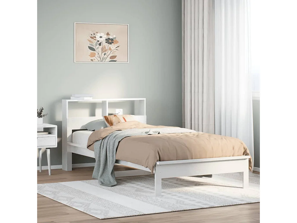 Lit bibliothèque sans matelas blanc 90x190cm bois de pin massif