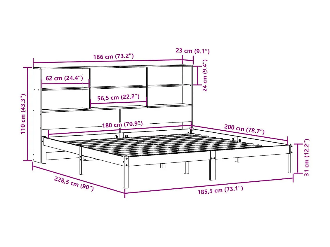 Giroletto con Libreria senza Materasso 180x200 cm in Legno Pino