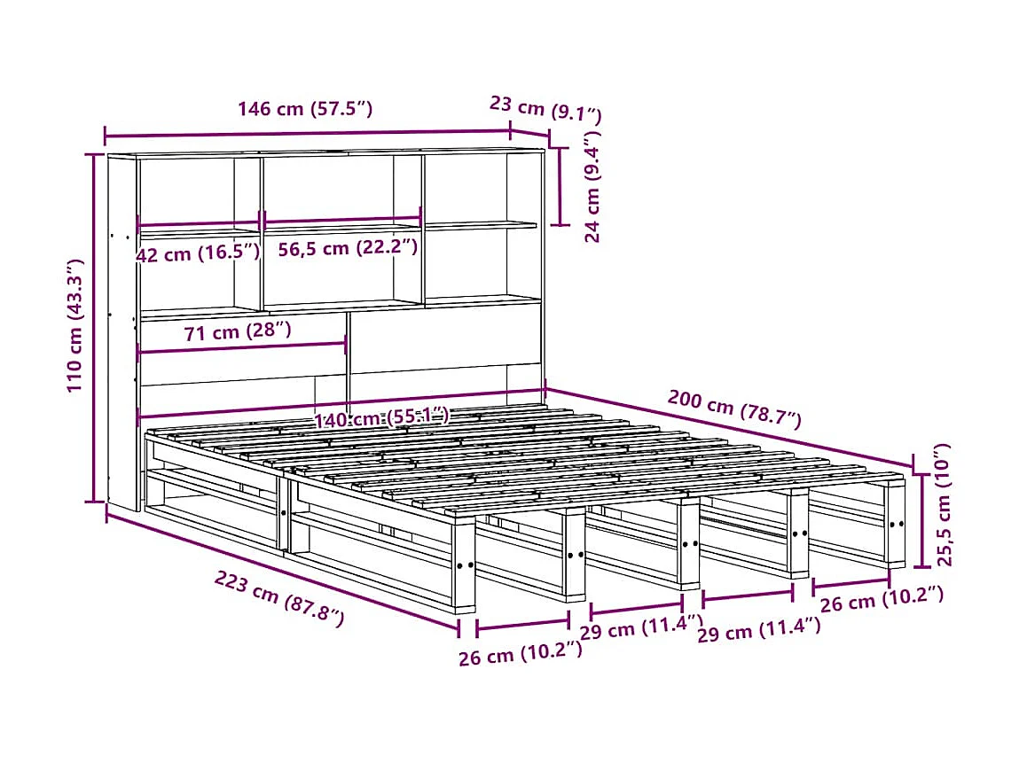 Lit bibliothèque sans matelas 140x200 cm bois massif