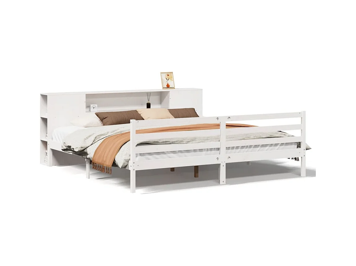 Lit bibliothèque sans matelas blanc 200x200 cm bois pin massif