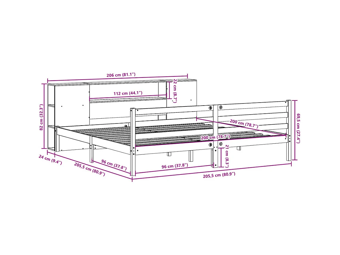 Lit bibliothèque sans matelas blanc 200x200 cm bois pin massif