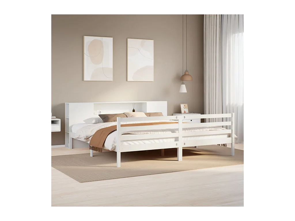 Lit bibliothèque sans matelas blanc 200x200 cm bois pin massif
