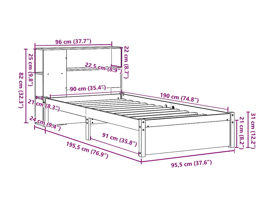 Lit bibliothèque sans matelas blanc 90x190cm bois de pin massif