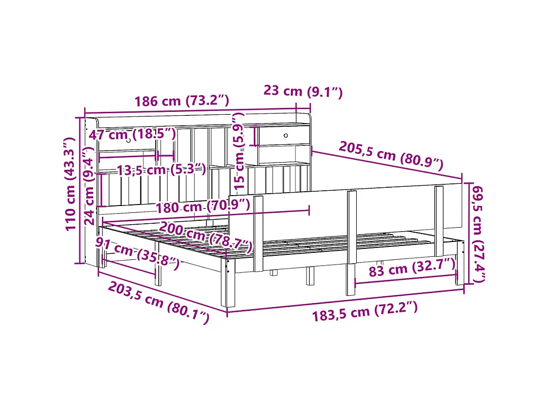 Giroletto con Libreria senza Materasso 180x200 cm in Legno Pino