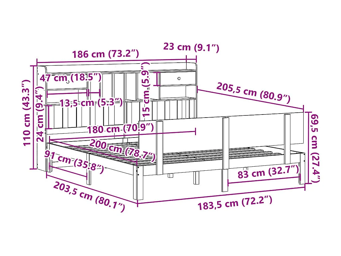 Giroletto con Libreria senza Materasso 180x200 cm in Legno Pino