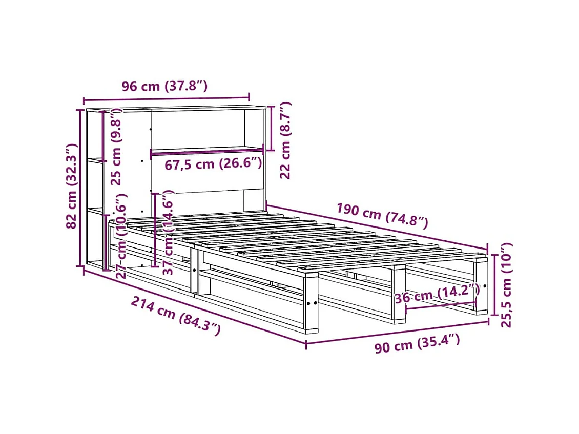 Lit bibliothèque sans matelas blanc 90x190 cm bois massif