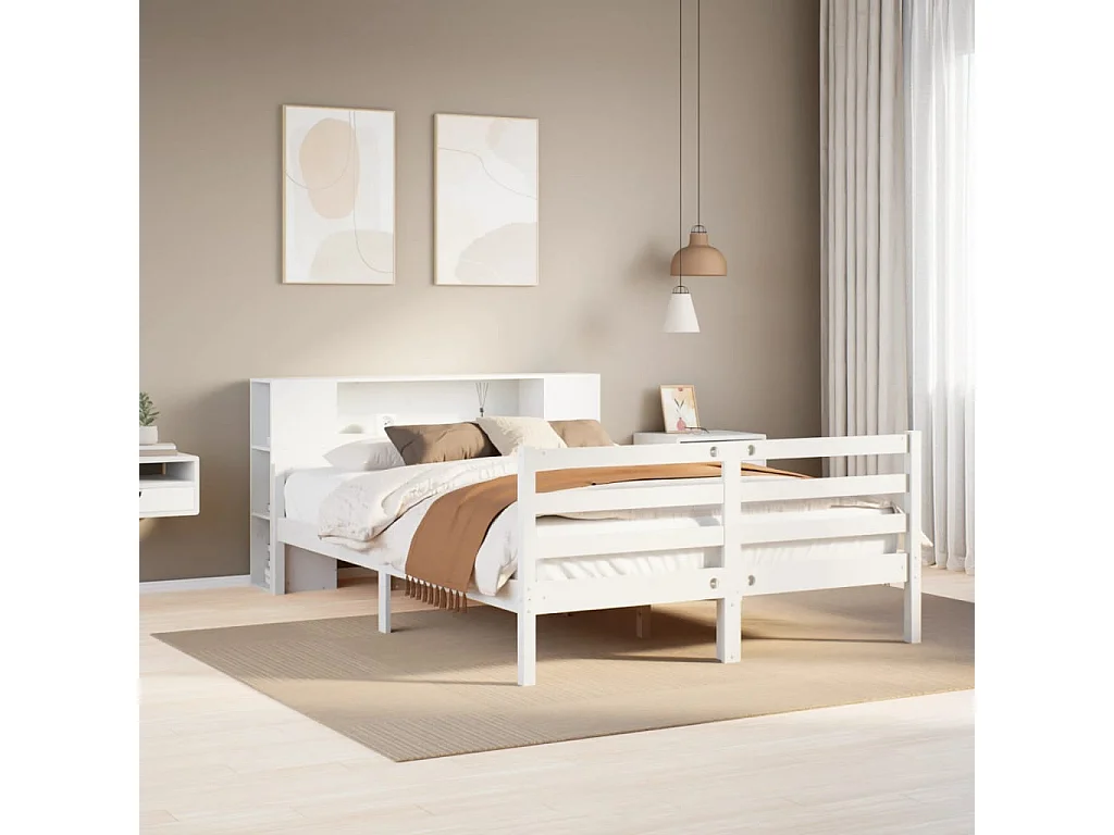 Lit bibliothèque sans matelas blanc 150x200 cm bois pin massif