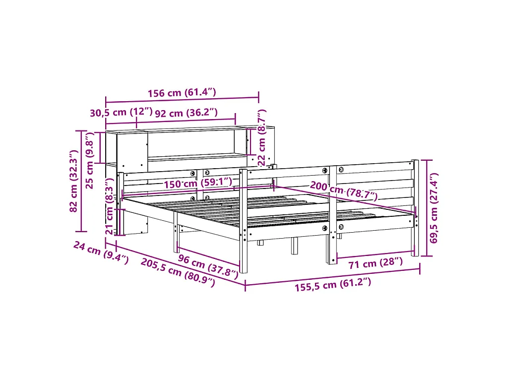 Lit bibliothèque sans matelas blanc 150x200 cm bois pin massif