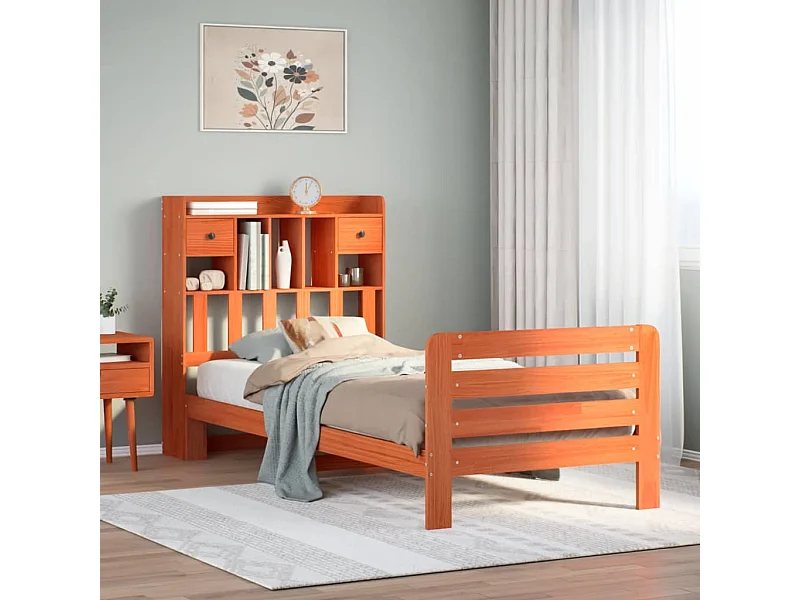 Bed met boekenkast zonder matras grenenhout wasbruin 75x190 cm