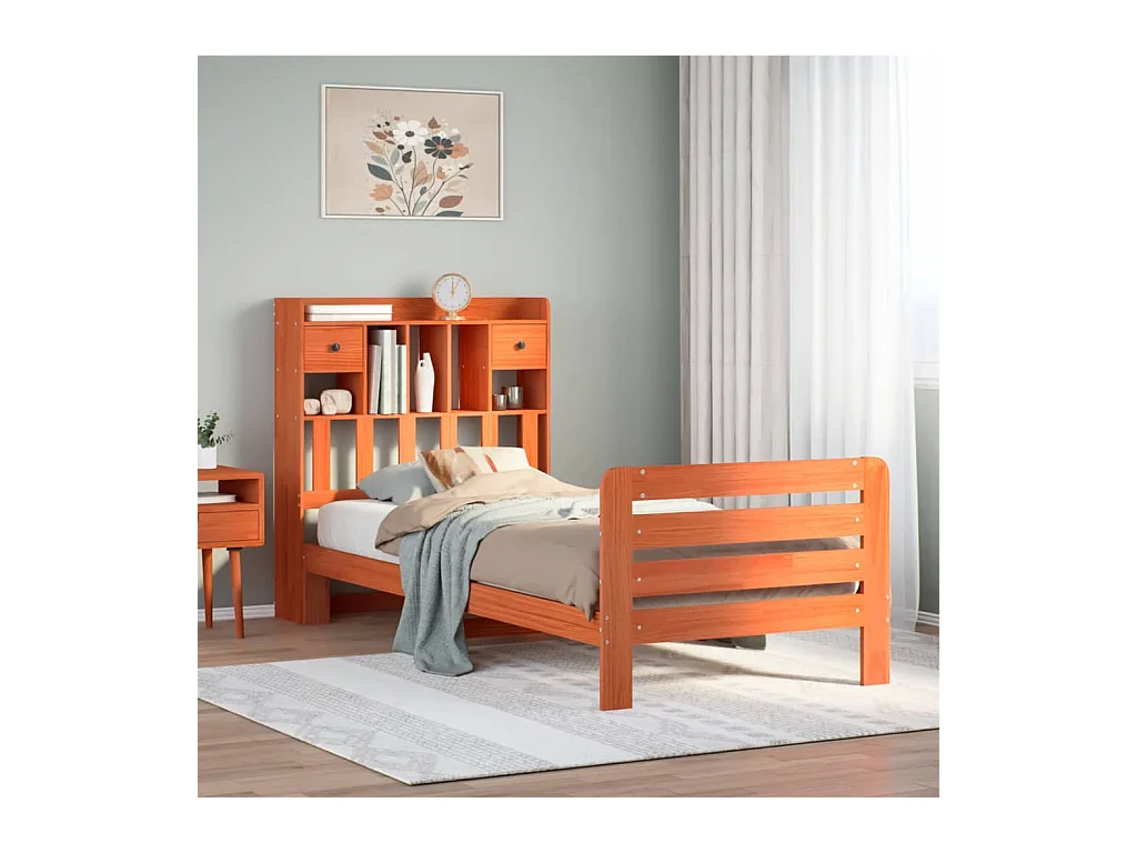 Bed met boekenkast zonder matras grenenhout wasbruin 75x190 cm