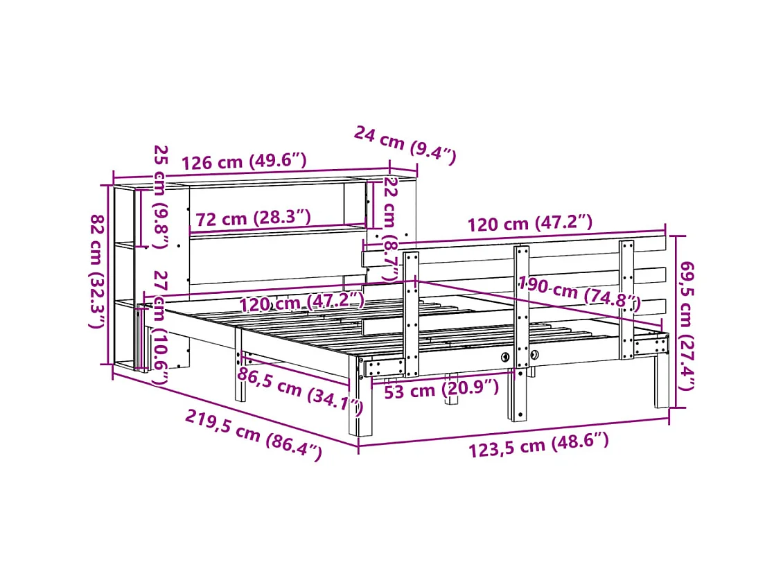 Massivholzbett mit Regal ohne Matratze Weiß 120x190 cm Kiefer