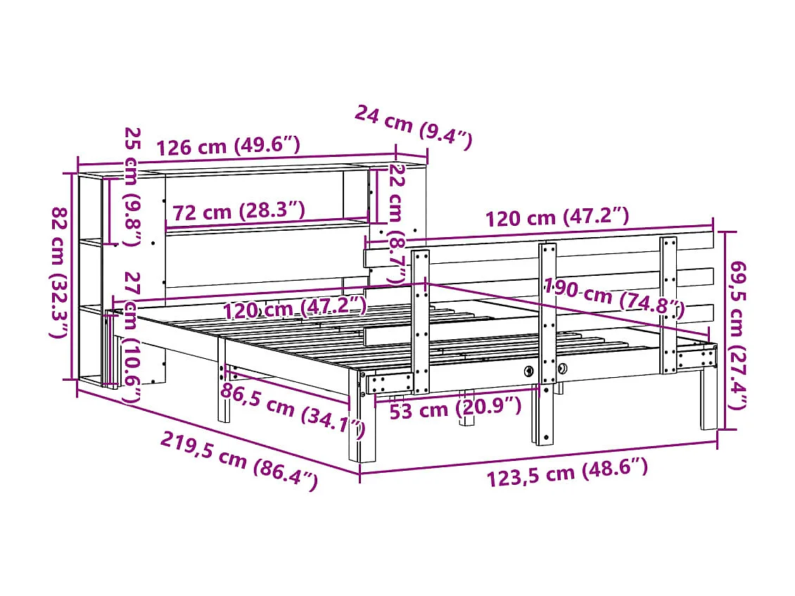 Bed met boekenkast zonder matras grenenhout wit 120x190 cm