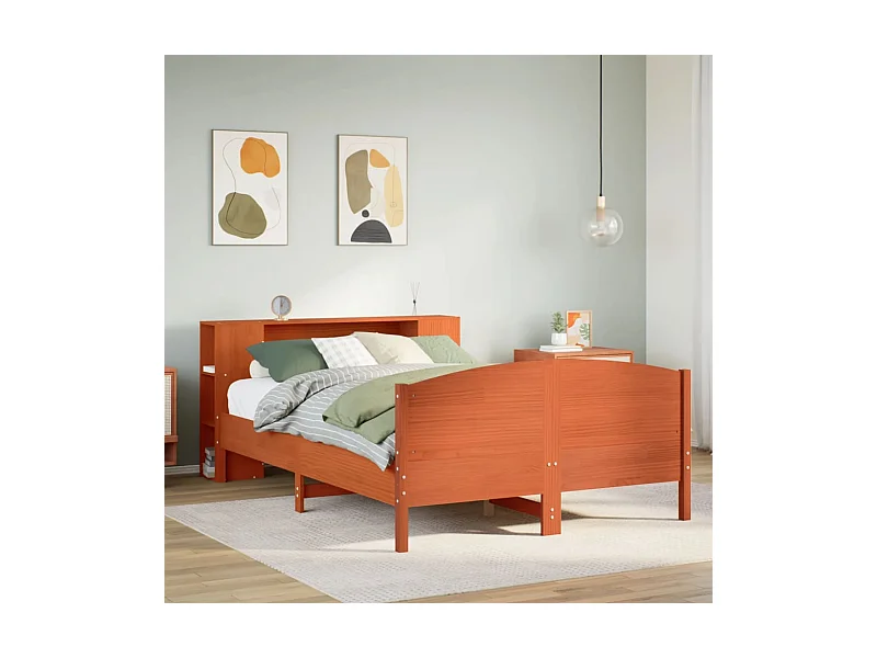 Bed met boekenkast zonder matras grenenhout wasbruin 135x190 cm